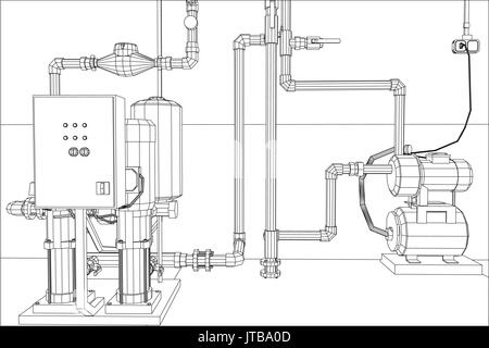 Wasseraufbereitung station. Industrielle Anlagen. Tracing Abbildung: 3d Stock Vektor