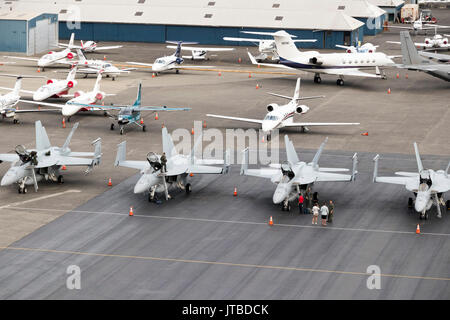 Boeing F/A-18E/F Super Hornet der US Navy Strike Fighter Squadron 143 (VFA-143), die auch als 'Pukin Dogs", bei Boeing Field, Seattle, WA, USA bekannt Stockfoto