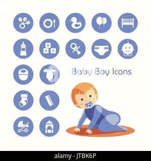 Baby Boy kriechen und Symbole festlegen Stock Vektor