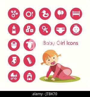 Baby girl Kriechen und Symbole festlegen Stock Vektor