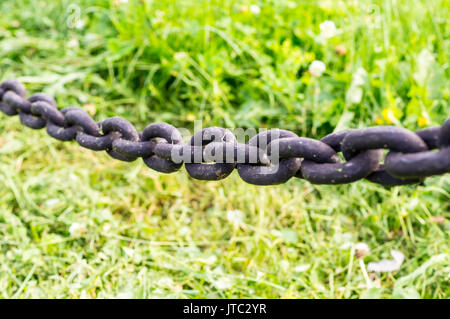 Schwarzes Eisen Kette auf Gras Hintergrund. Industrielle, Natur Stockfoto