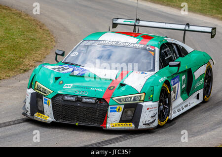 2017 Audi R8 LMS GT3 Le Mans Racer mit Fahrer Connor De Phillippi am Goodwood Festival 2017 von Geschwindigkeit, Sussex, UK. Stockfoto