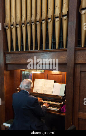 Ein älterer Mann spielt eine Kirche Orgel in Großbritannien Stockfoto