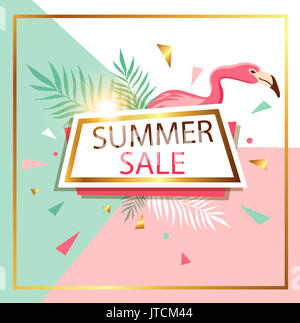 Abstrakte Banner für saisonale Summer Sale mit tropischen Blumen, grünen Blättern und rosa Flamingo Stockfoto