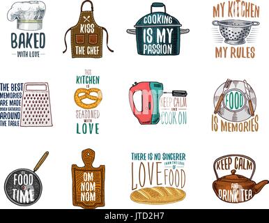 Schürze und Kochtopf, Bagel und Holzbrett mit Kapuze. Backen oder schmutziges Geschirr, kochen Material. logo Emblem oder Label, graviert Hand in alte Skizze und vintage Stil gezeichnet. Stock Vektor