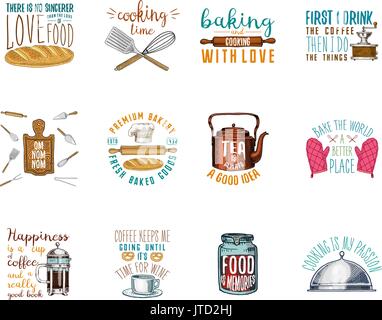 Kaffeemaschine oder Wasserkocher, französische Presse, Nudelholz, Holz- Board. Bäckerei und Gebäck, schmutziges Geschirr, kochen Material. logo Emblem oder Label, graviert Hand in alte Skizze und vintage Stil gezeichnet. Stock Vektor