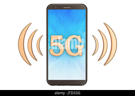 5G-Konzept mit Telefon, 3D-Rendering auf weißem Hintergrund Stockfoto