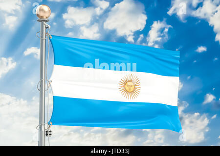 Argentinische Flagge schwenkten Blau bewölkter Himmel, 3D-Rendering Stockfoto