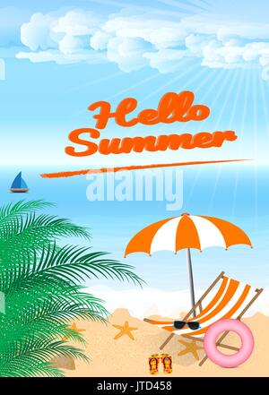 Sommer Strand Design im Meer mit Sonnenschirm und Stuhl. Hintergrund Vektor Stock Vektor