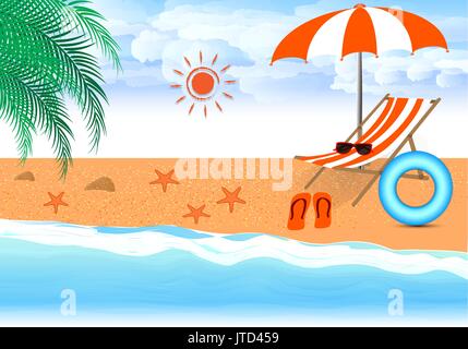 Sommer Strand vektor design im Meer mit Sonnenschirm und Stuhl. Stock Vektor
