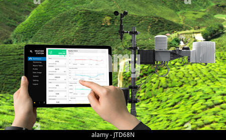 Wetterstation data logging Wireless Monitoring, Tracking und Vorhersage von Temperatur, Luftfeuchtigkeit, Licht, Wind, Regen mit Anwendung auf Tabelle Stockfoto