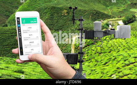 Wetterstation data logging Wireless Monitoring, Tracking und Vorhersage von Temperatur, Luftfeuchtigkeit, Licht, Wind, Regen mit Anwendung auf mobilen Stockfoto