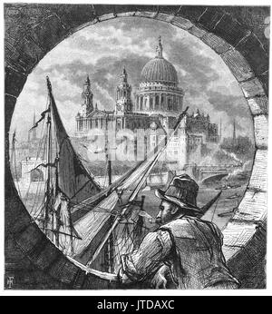 1870: St. Paul's Anglican Cathedral, London am Ludgate Hill auf dem höchsten Punkt der Stadt London. Aus dem späten 17. Jahrhundert, war es in der englischen Barock von Sir Christopher Wren. Vom Shot Tower an der Lambeth führen Werke, am Südufer der Themse in London, England stand gesehen, Stockfoto