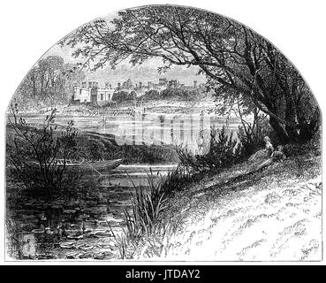 1870: Ein junges Paar genießt die Aussicht auf die Themse von Hampton Court Palace im Stadtteil Richmond upon Thames, London, Surrey, England. Gebäude des Palastes begann im Jahr 1515 für Kardinal Thomas Wolsey, ein Liebling von König Heinrich VIII. und es war der erste Einsatz der Renaissance Architektur in Tudor England Stockfoto