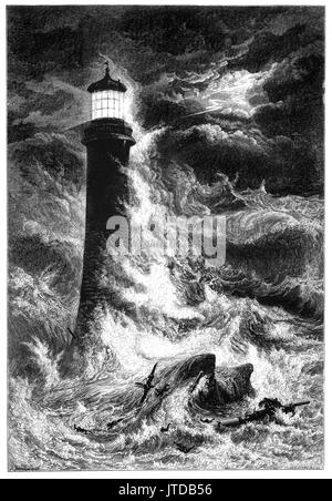 1870: tobenden Stürmen Angriff der Eddystone Lighthouse, 9 Satzung Meilen (14 km) südlich von Rame Head, Devon, England. Dies ist smeaton's Leuchtturm aus dem Jahr 1759, der dritte Leuchtturm auf der gefährlichen Eddystone Felsen. Es blieb bis 1877 im Einsatz bei der Erosion durch den Felsen unter dem Leuchtturm verursacht es von Seite zu Seite schütteln, wenn große Wellen schlagen Sie es. Stockfoto