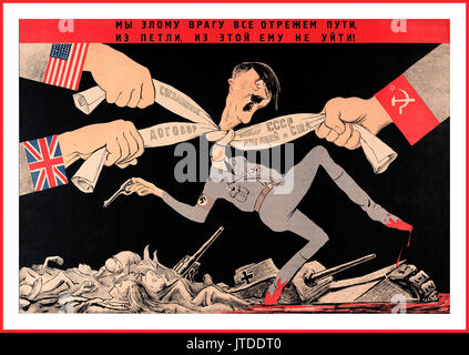 Altes russisches Propagandaplakat des Zweiten Weltkriegs, auf dem Adolf Hitler durch militärischen Propagandadruck erwürgt WURDE ALLIIERTE Länder-USA RUSSLAND und Großbritannien 1940er-Vertrag der Solidarität zwischen der Sowjetunion, England und den Vereinigten Staaten, 1942. Stockfoto