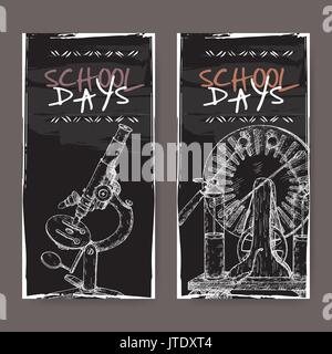 Zwei Banner mit der Schule verbundenen Skizzen mit Mikroskop und elektrischen Generator Modell auf Schwarz. Stock Vektor