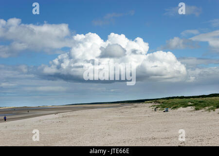 Scotland Highlands Nairn Dramatischer Skyline Strand, dramatische Abdrücke großer weißer Wolken im Sand, Grasgebiet, schottische Landschaft, Wandern am Strand Stockfoto