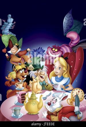 Die KÖNIGIN DER HERZEN, March Hare, Mad Hatter, ALICE, Cheshire Cat, WHITE RABBIT, Alice im Wunderland, 1951 Stockfoto