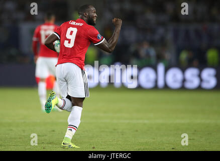 Romelu Lukaku von Manchester United feiert ersten Ziel seiner Seite des Spiels zählen während der UEFA Super Cup Gleiches an Philip II Arena, Skopje, Mazedonien. Stockfoto