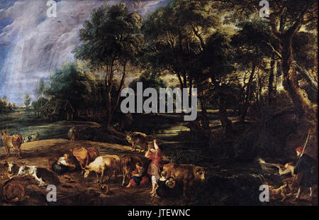Ein Gemälde von Peter Paul Rubens mit dem Titel *Landschaft mit Kühen und Wildvögeln*, das seine Meisterschaft in der Landschaft und Tierdarstellung im barocken Stil zeigt. Stockfoto