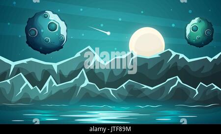 Nacht Planet, Meer, Landschaft. Stock Vektor