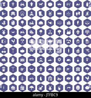 100 farm Symbole hexagon Lila Stock Vektor