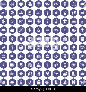 100 farm Symbole hexagon Lila Stock Vektor
