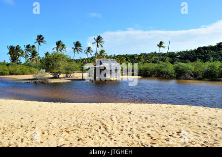 Kleines Holzhaus auf einem brasilianischen Küste Strand durch den kleinen Fluss Bank in Canoa Quebrada in der Stadt Porto Seguro, Bahia, Brasilien umgeben. Stockfoto