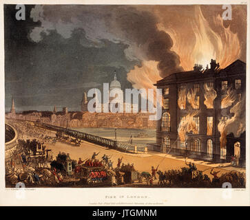 Pugin, A.C.; Rowlandson, Thomas; Bluck, J.; Ackermann, Rudolph; farbige Drucken, Aquatinta und Radierung Brand in London Stockfoto