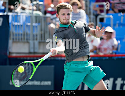 Montreal, Kanada. 8 Aug, 2017. David Goffin Belgien liefert den Ball in der ersten Runde gegen Yuichi Sugita von Japan in der Rogers Cup Turnier in Montreal, Kanada, am Aug 8, 2017. Credit: Andrew Soong/Xinhua/Alamy leben Nachrichten Stockfoto