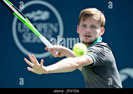 Montreal, Kanada. 8 Aug, 2017. David Goffin Belgien liefert den Ball in der ersten Runde gegen Yuichi Sugita von Japan in der Rogers Cup Turnier in Montreal, Kanada, am Aug 8, 2017. Credit: Andrew Soong/Xinhua/Alamy leben Nachrichten Stockfoto