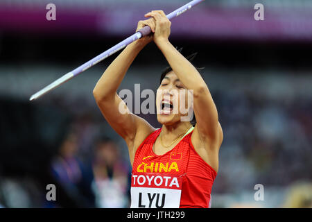 London, Großbritannien. 08 Aug, 2017. London, 08. August 2017. Huihui Lyu, China, im Speerwerfen Finale am Tag fünf der IAAF London 2017 Weltmeisterschaften am London Stadion der Frauen. Credit: Paul Davey/Alamy leben Nachrichten Stockfoto