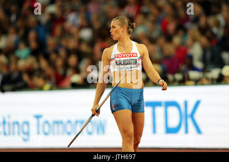 London, Großbritannien. 08-Aug-17. Ásdís HJÁLMSDÓTTIR vertreten Island konkurrieren in der Frauen Speerwerfen Finale bei den 2017, Leichtathletik-WM, Queen Elizabeth Olympic Park, Stratford, London, UK. Foto: Simon Balson/Alamy leben Nachrichten Stockfoto