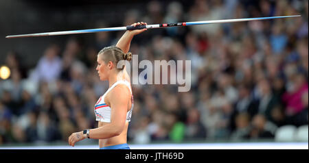 London, Großbritannien. 08-Aug-17. Ásdís HJÁLMSDÓTTIR vertreten Island konkurrieren in der Frauen Speerwerfen Finale bei den 2017, Leichtathletik-WM, Queen Elizabeth Olympic Park, Stratford, London, UK. Foto: Simon Balson/Alamy leben Nachrichten Stockfoto