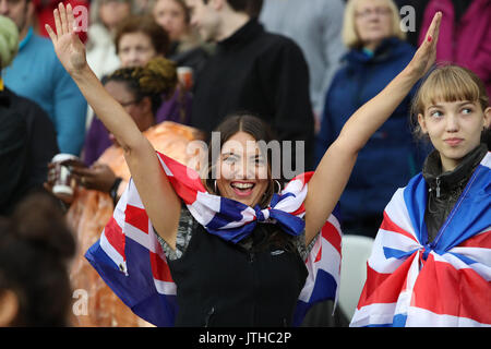 London, Großbritannien. 09 Aug, 2017. Die verpackte Stadion hatte viele Anhänger wühlen für Großbritanniens Athleten am Tag sechs der IAAF London 2017 Weltmeisterschaften am London Stadion. Credit: Paul Davey/Alamy leben Nachrichten Stockfoto