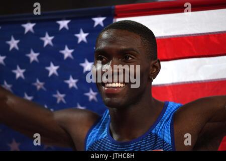 London, Großbritannien. 9. August 2017. Kerron CLEMENT (USA) feiert seinen dritten Platz in der mens 400m Hürden Finale. IAAF Leichtathletik WM. London Olympiastadion. Queen Elizabeth Olympic Park. Stratford. London. UK. 09/08/2017. Credit: Sport in Bildern/Alamy leben Nachrichten Stockfoto