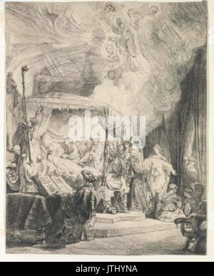 „Rytec Rembrandt van Rijn 1606-1669 Smrt Panny Marie“ bezieht sich auf ein Kunstwerk des berühmten niederländischen Malers Rembrandt van Rijn. Es konzentriert sich auf seine Interpretation religiöser Szenen, insbesondere des Todes der Jungfrau Maria. Stockfoto