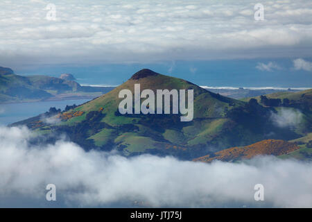 Harbour Cone, Otago Peninsula, und Nebel über Otago Harbour, Dunedin, Südinsel, Neuseeland Stockfoto