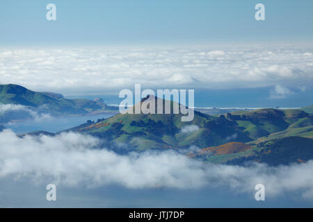 Harbour Cone, Otago Peninsula, und Nebel über Otago Harbour, Dunedin, Südinsel, Neuseeland Stockfoto