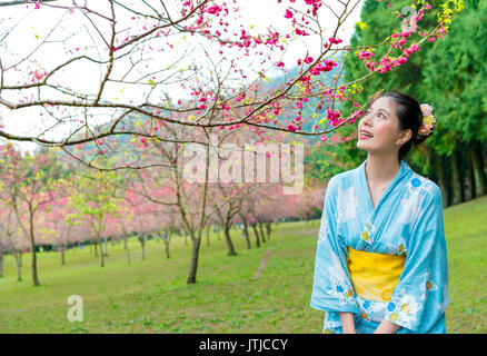 Junge schöne Frau, die Kirschblüten blühen Bäume Park in Japan und der traditionellen japanischen kimono Kleidung genießen sakura Verschleiß der Feder trav Stockfoto