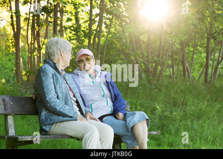 Senior Kaukasischen (Schwedisch) Frau auf einer Parkbank in einem glücklichen Moment mit ihrer asiatischen (Taiwanesische, Chinesisch) Schwiegertochter in der Nachmittagssonne. Stockfoto