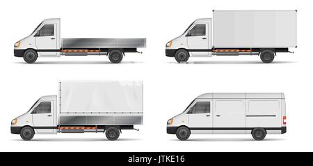 Festlegen von realistischen White cargo Fahrzeuge. Vector Illustration mit schweren Lkw, Anhänger, Lkw, Bus, Transporter isoliert. Seitenansicht mockup. Stock Vektor