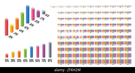 3D-Balkendiagramm isometrische Zylinder Prozentsatz von 0 bis 100 ready-to-use für Web Design, User Interface (UI) oder infografik - rot, gelb, grün, Stock Vektor