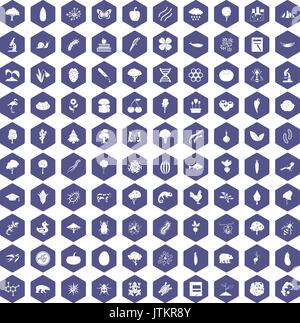 100 Mikrobiologie Symbole hexagon Lila Stock Vektor
