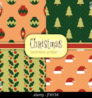 Satz von hellen nahtlose Weihnachten Muster. 4 einfache Designs mit traditionellen Weihnachten und Neujahr Elemente auf einer gepunkteten Hintergrund. Stock Vektor