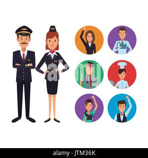 Weißer Hintergrund mit vollem Körper paar Pilot und Stewardess mit set kreisförmige Rahmen Symbole Gruppe Menschen verschiedener Berufe Stock Vektor