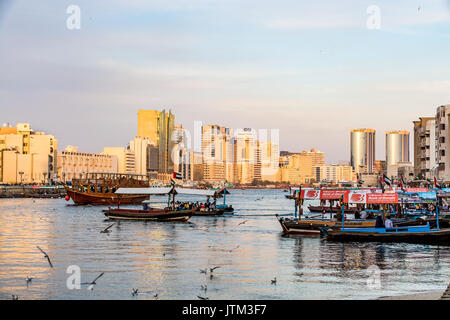 Blick auf den Dubai Creek mit vielen Möwen und abra Boote bei Sonnenuntergang, Vereinigte Arabische Emirate, VAE Stockfoto