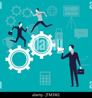 Farbe Hintergrund mit Executive Group in den Gängen Mechanismus und Geschäftsmann mit Megafon laufen Stock Vektor