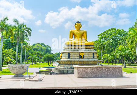 Der meditierende Buddha Statue unter den grünen Bäumen des (ehemaligen Victoria) Viharamahadevi Park, Colombo, Sri Lanka. Stockfoto